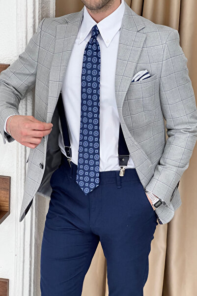 NAZEF Mono Collar Wool Plaid Slim Fit Jacket