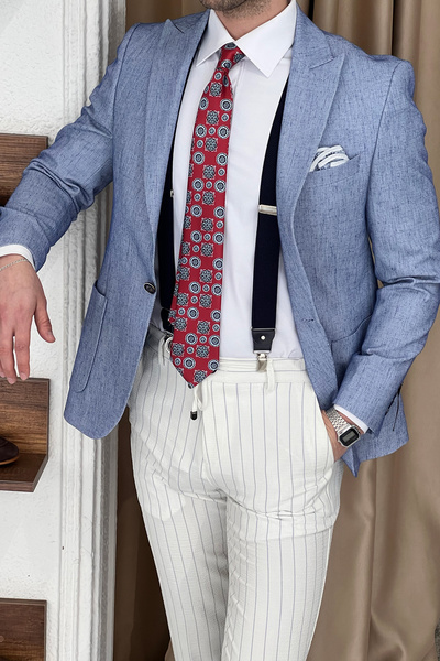NAZEF Slim Fit Special Design Pointed Collar Pocket Linen Jacket