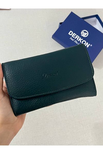 DERKON Green Color Genuine Leather Medium Size Women's Wallet