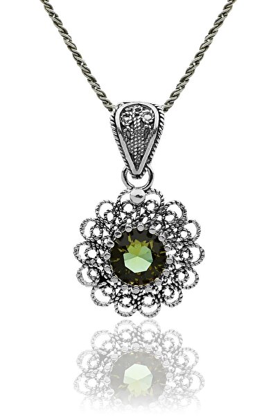Erdobia Ağustos Peridot Doğum Taşı Çiçek Motifli Telkari Gümüş Kolye