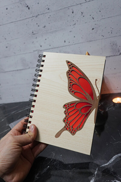 markcat Butterfly Patterned Notebook with Wooden Cover - Agenda and Daily Use - Unlined A5 Notebook