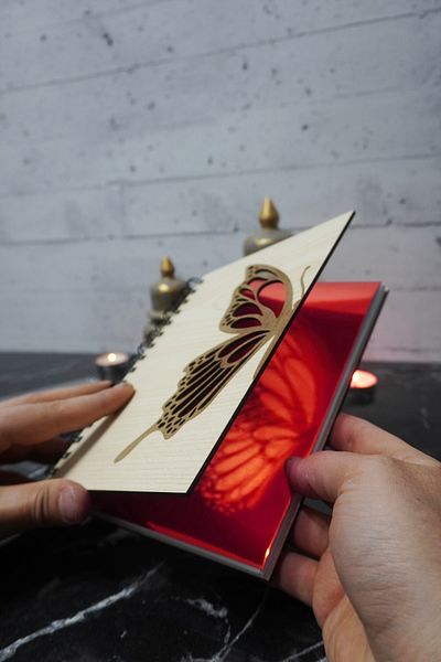 markcat Butterfly Patterned Notebook with Wooden Cover - Agenda and Daily Use - Unlined A5 Notebook