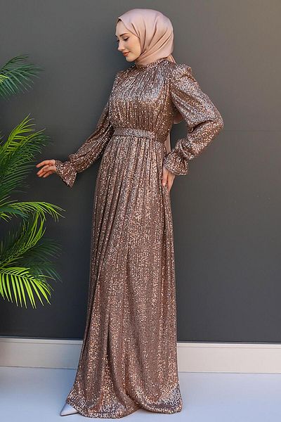 GİZ AGİYİM Sequin Butterfly Evening Dress Light Brown