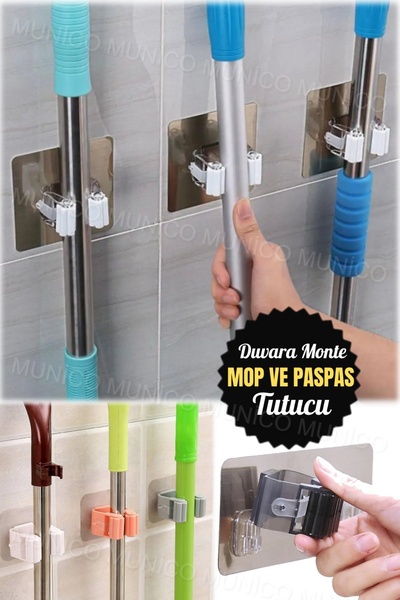 Munico 1 Adet Çok Amaçlı Yapışkanlı Duvar Tutucu Evrensel Mop ve Fırça Askısı...