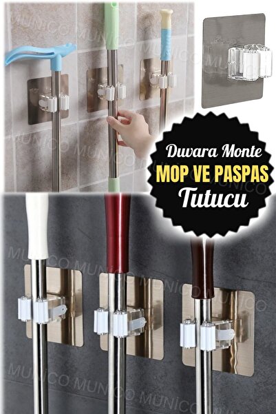 Munico Paspas Süpürge Tutucu Yapışkanlı Çok Amaçlı Kancalar Duvara Monte Pasp...