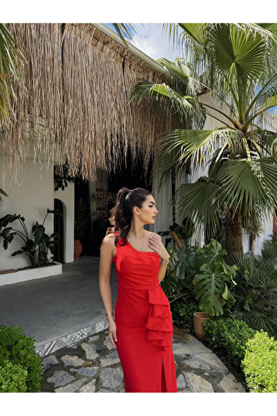 Mekafashion One Shoulder Ruffle Slit Red Evening Dress582119