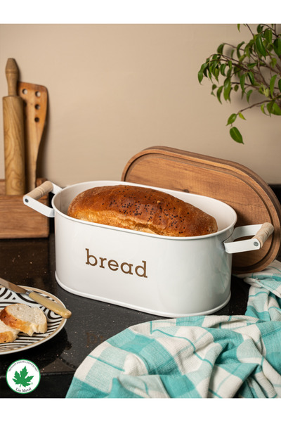 LİNMETAL Ahşap Kapaklı Ahşap Kulplu Metal Ekmeklik (bread baskılı)