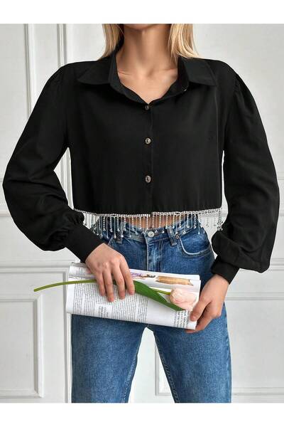 JESSE STORY Cămașă neagră CROP DE DAMA Cămașă cu design cu piatră lucrată manual