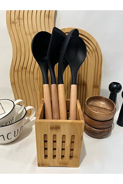 Mirilliahome 4-Piece Bamboo Handle Silicone Kitchen Serving Set, Serving Set, Cooking Utensils