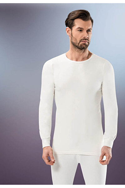 Pink Mode انترلوك دافئ رفيع برقبة دائرية وأكمام طويلة، لون أبيض