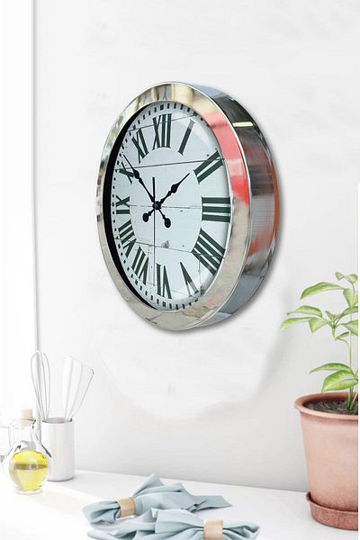 Kasva Concept 36 cm Chrome Metal White Roman Wall Clock