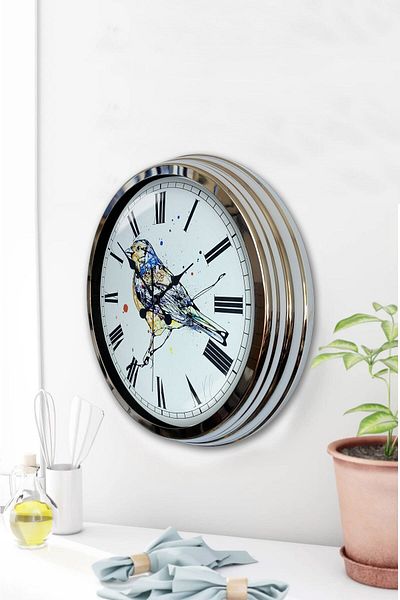 Kasva Concept 40 cm Chrome Metal Bird Drawing Wall Clock
