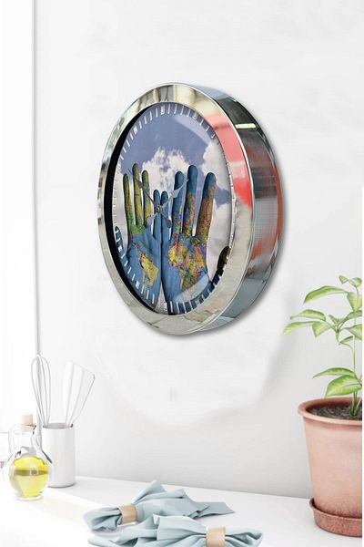 Kasva Concept 36 cm Chrome Metal World Peace Wall Clock