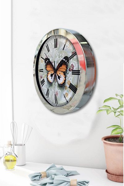 Kasva Concept Gift 36 cm Chrome Metal Butterfly Wall Clock