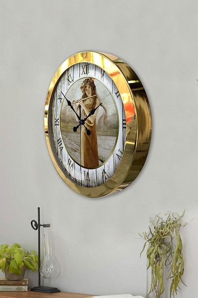 Kasva Concept Gift 36 cm Gold Metal Girl Playing Flute Wall Clock