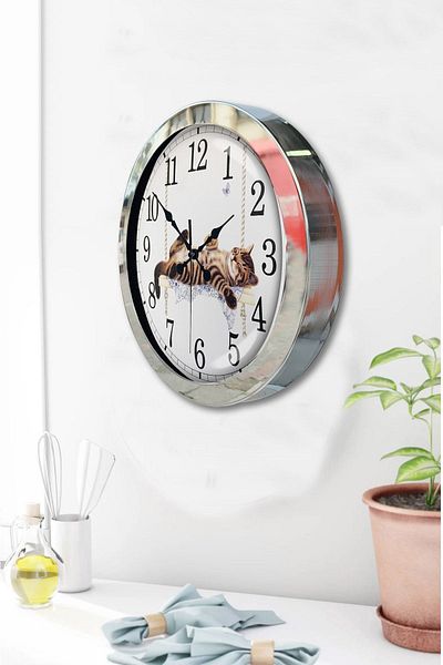 Kasva Concept Gift 36 cm Chrome Metal Cat Wall Clock