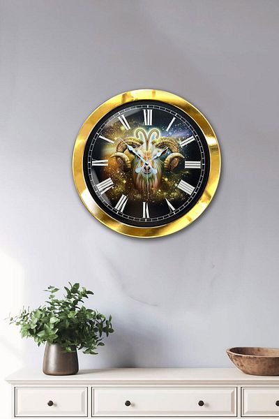Kasva Concept 36 cm Gold Metal Aries Zodiac Wall Clock