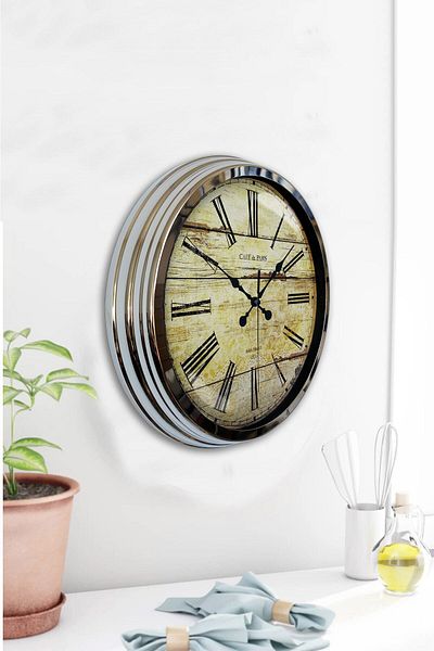 Kasva Concept Gift 40 cm Chrome Metal Antique Wall Clock