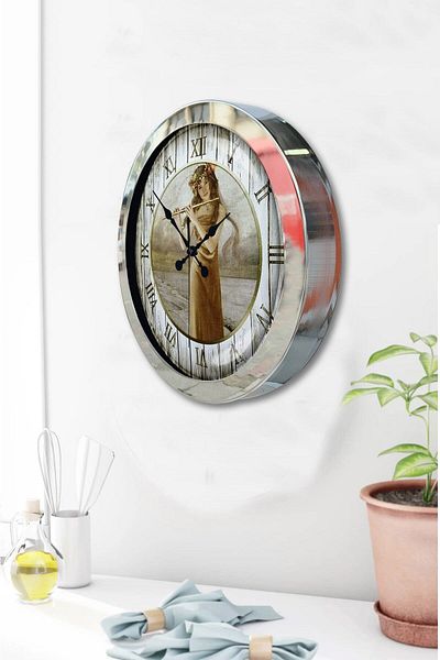 Kasva Concept Gift 36 cm Chrome Metal Girl Playing Flute Wall Clock