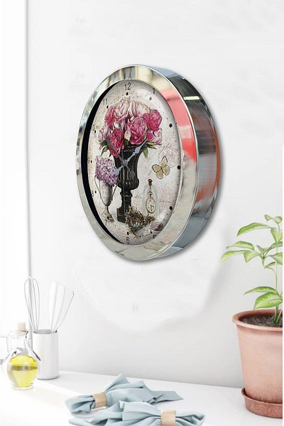 Kasva Concept Gift 36 cm Chrome Metal Pink Flower Wall Clock