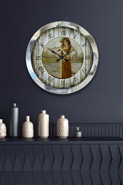 Kasva Concept Gift 36 cm Chrome Metal Girl Playing Flute Wall Clock