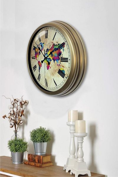 Kasva Concept 40 cm Tumbled Metal Color World Wall Clock