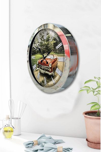 Kasva Concept Gift 36 cm Chrome Metal Classic Car Wall Clock