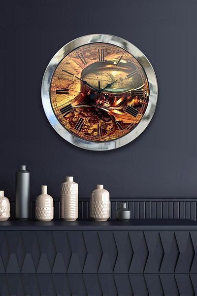 Kasva Concept Gift 36 cm Chrome Metal Map Wall Clock