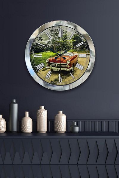 Kasva Concept Gift 36 cm Chrome Metal Classic Car Wall Clock
