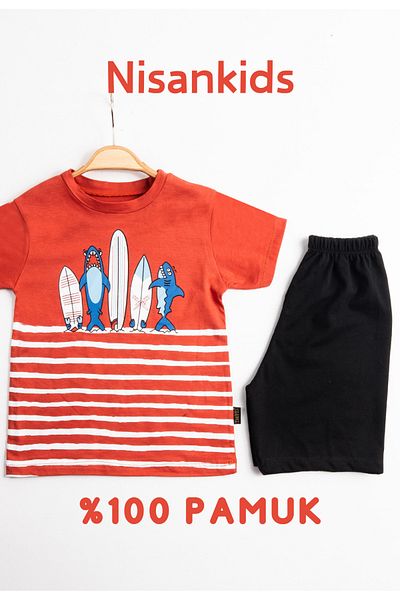 Nisankids Boy's Shark Printed Summer Baby Set Summer T-shirt Short (Take one size larger)