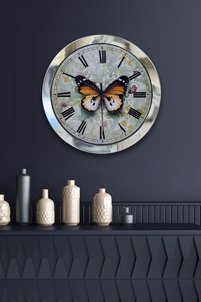Kasva Concept Gift 36 cm Chrome Metal Butterfly Wall Clock