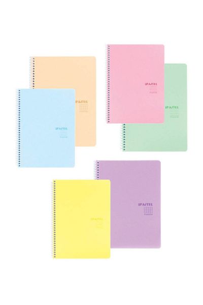 KESKİN COLOR A4 (21x29.7cm) Pastel Spiral PP Cover Notebook 80 Sheets - 4 Square + 2 Stripes (Set of 6)