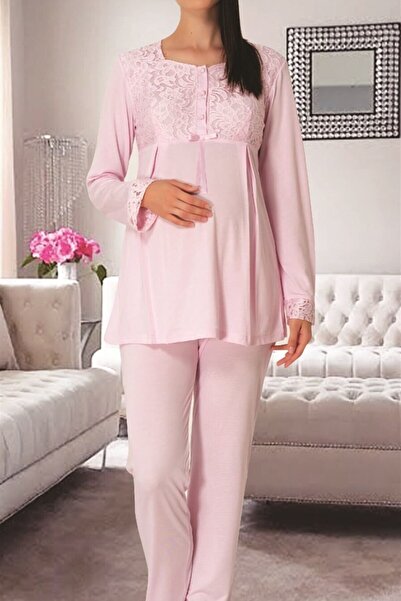 secret moda Γυναικείο σετ πιτζάμες εγκυμοσύνης με ροζ δαντέλα και λεπτομέρειες