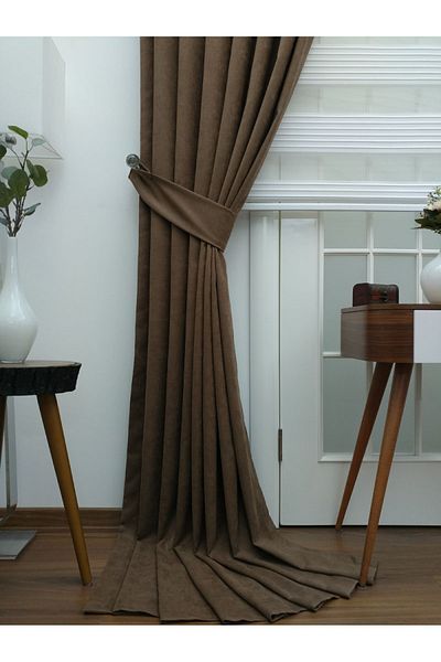 Esse Home Κουρτίνα με απλό φόντο καφέ, 70x260, 1/3 στενή πιέτα, πλισέ, μονό φτερό