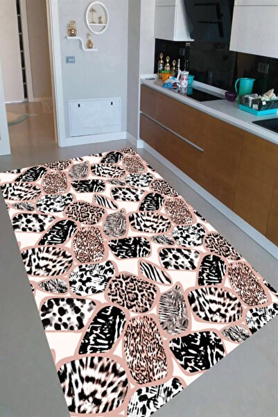 Resmiro Pembe Çerçeve Leopar Ve Zebra Desenli Dijital Baskılı Halı