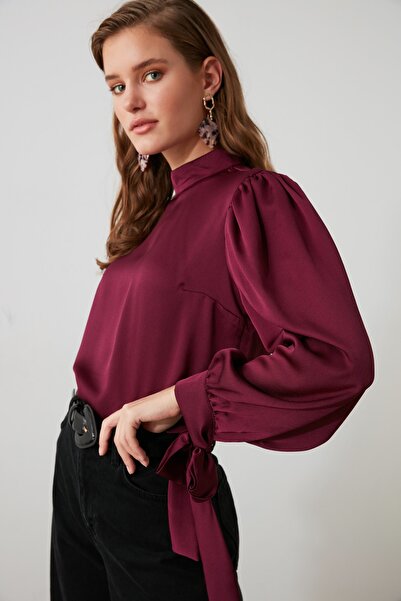 Trendyol Collection Σατέν υφασμένη μπλούζα - Χρώμα δαμάσκηνου, Λεπτομερής γραβάτα TOFAW19FG0082