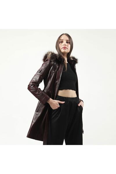 Dericlub 2134/k Bordo Kapşonlu Kadın Deri Kaban