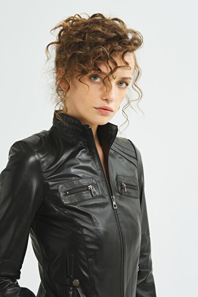 İkbal Dolly Siyah Hakiki Deri Mont Kadın