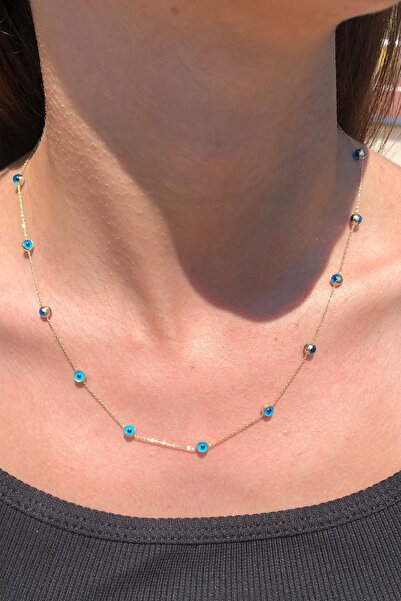 Kuyumcu Kuyumculuk Kadın 14 Ayar Altın Mavi Göz Boncuklu Altın Zincir Kolye