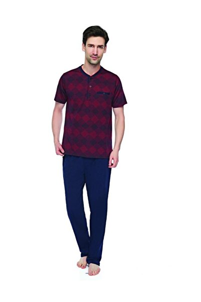 Çift Kaplan Men's Navy Blue Short Sleeve Placket Pajama Set 8200