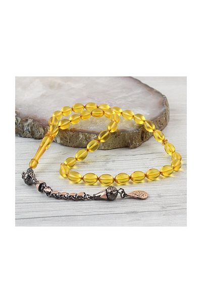 Tesbihsepetim Silver Tasseled Rodaj Coated Clamping Amber Prayer Beads