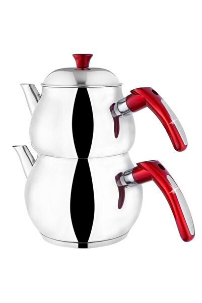 Genel Markalar Çaydanlık Aile Boyu Kırmızı Gümüş Çizgili Paslanmaz Süzgeçli Ç...