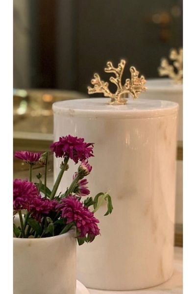 mar&more White Marble Rolin Trash Can Coral Handle