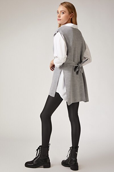 Happiness İstanbul Dámská šedá melanžová přísavka s výstřihem do V a dlouhým ...