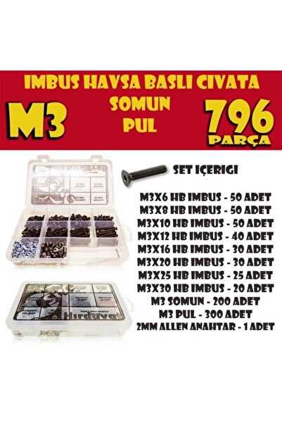 Genel Markalar 796 Parça M3 Hb Imbus Civata Somun Ve Pul Seti