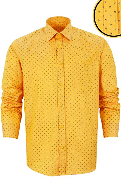 Varetta Erkek Sarı Dijital Baskılı Tek Cepli Klasik Kesim Uzun Kollu Erkek Gömlek