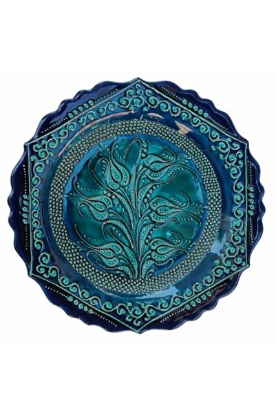 ÇETİN ÇİNİ Turkuaz El İşlemesi Lale Desenli Tabak 18 cm