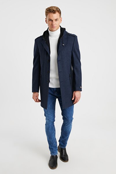 DYNAMO Чоловіче темно-синє пальто Yun зі змішаним візерунком у вигляді чаші з капюшоном на блискавці та ґудзиках