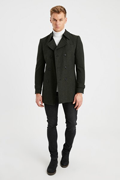 DYNAMO Pánské khaki vlněné vzorované razítko s dvojitým zapínáním