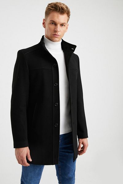 DYNAMO Men's Black Quilted Lined Wool Blended Cashmere Coat